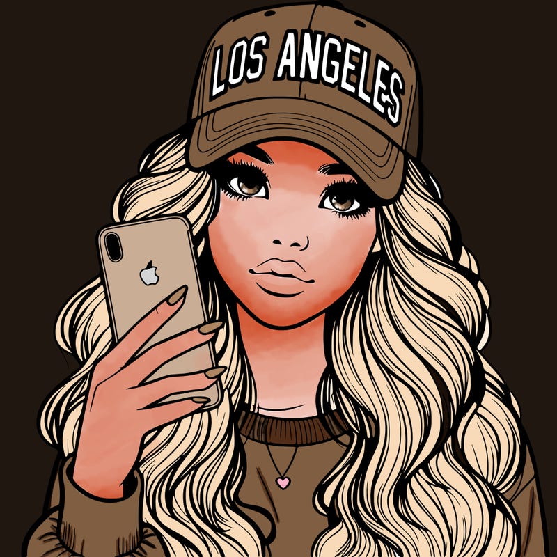 realistic beautiful girl wearing los ángeles cap holding an iphone