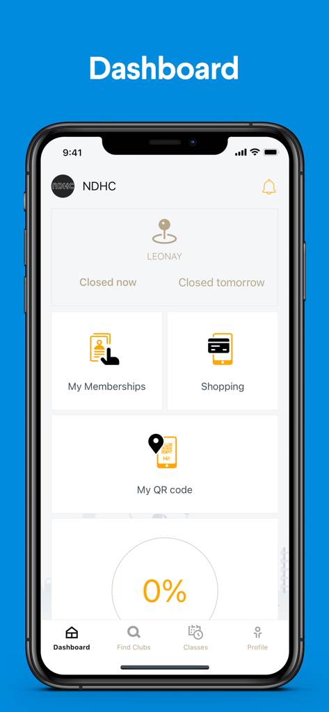 NDHCメンバーアプリのダッシュボード。会員資格、ショッピング、QRコードチェックインのオプションが表示されています。