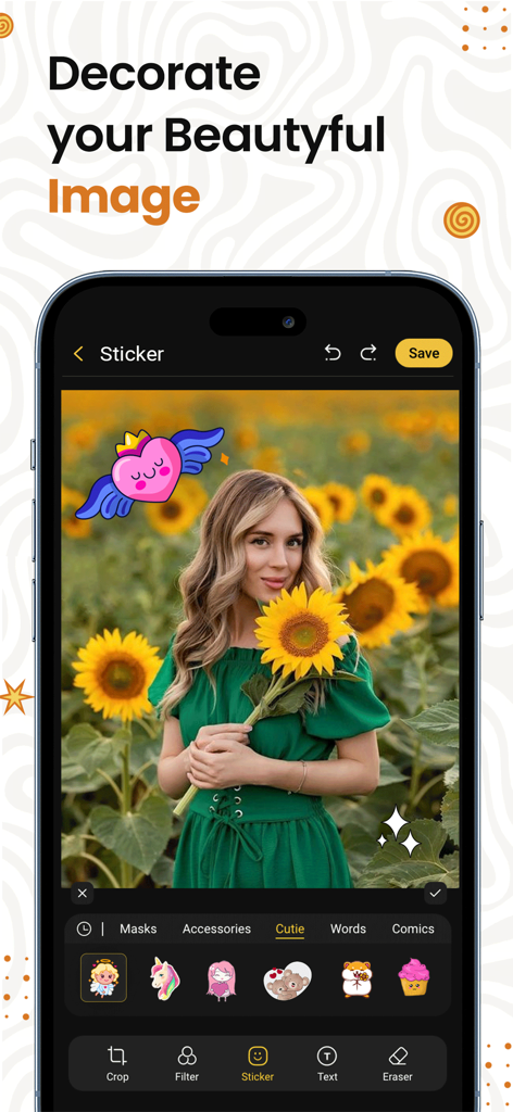 Interfaz de la aplicación móvil mostrando una función de edición de imágenes donde los usuarios pueden decorar fotos con lindos stickers