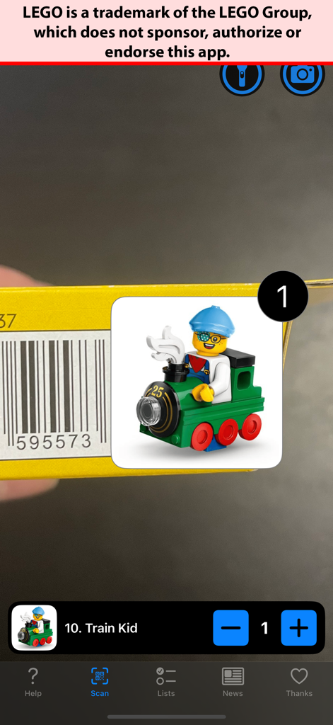 Minifig Scan - Minifig Scan app interface showing a scanned barcode and identifying the Train Kid minifigure from LEGO Series 25