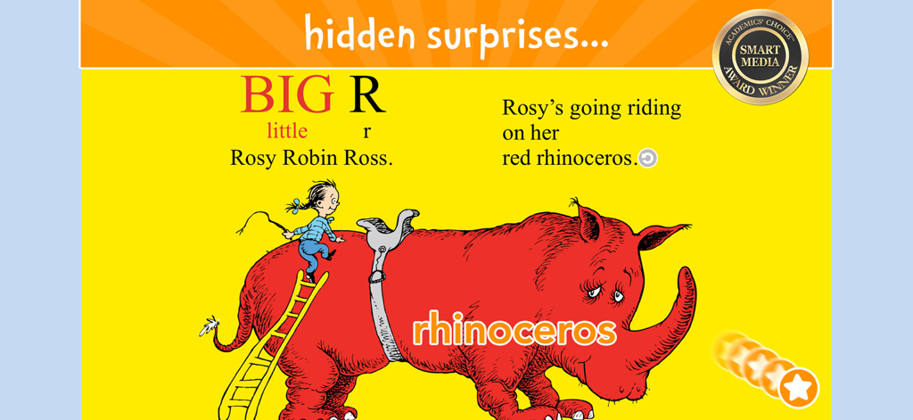 Dr. Seuss's ABC - Read & Learn - Interactive screen from Dr. Seuss's ABC app teaching the letter R with a red rhinoceros illustration