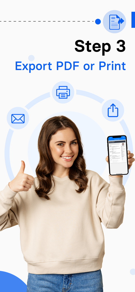 A smiling young professional woman holding a phone showing a resume with options to export as PDF or print