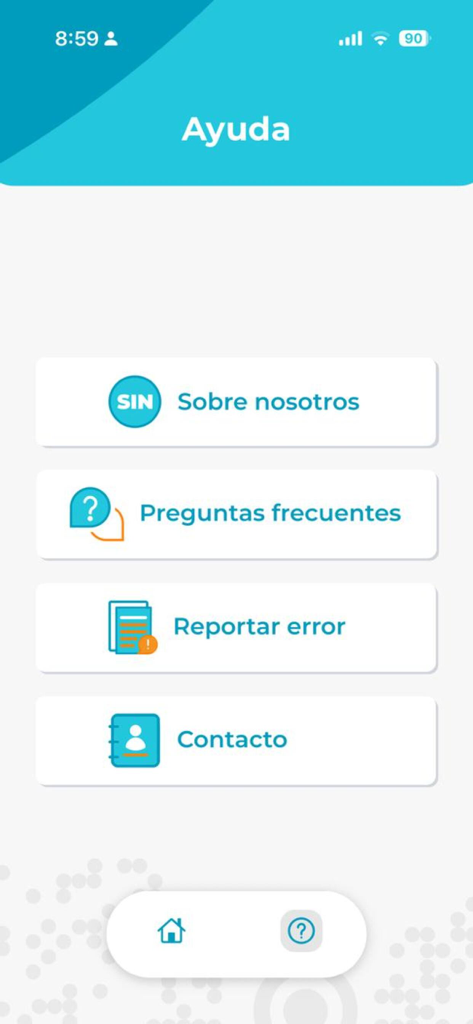 Help menu of the RNP MOVIL app showing options for about us FAQs report error and contact