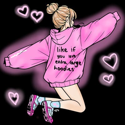 realistic girl jumping with a bun and oversized sweatshirt