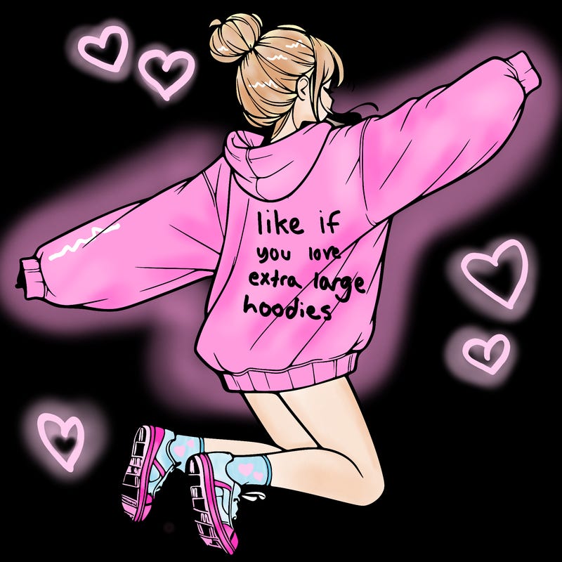 realistic girl jumping with a bun and oversized sweatshirt