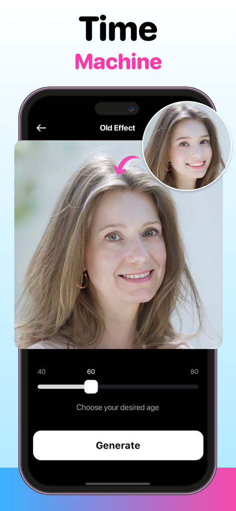 A mobile app interface demonstrating an AI age transformation filter from young to old.