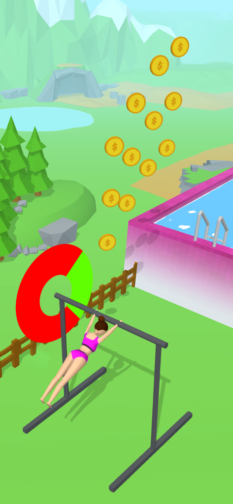 Flip Jump Stack - Gymnast character swinging on a bar in a green park environment with coins
