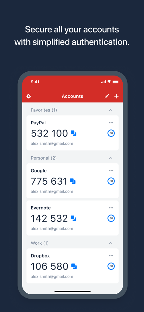 Interfaz de LastPass Authenticator que muestra códigos de seguridad de 6 dígitos para cuentas como PayPal, Google y Dropbox