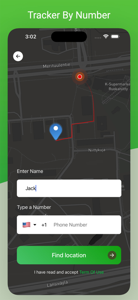 Phone Tracker: Find Location - App interface for tracking a location by phone number showing a name input field and map.