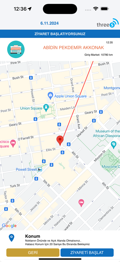 3S Merch Plus - 3S Merch Plus mobile app showing a map interface to start a retail store visit with GPS tracking