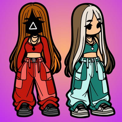 girl in baggy pants crop top and long hair