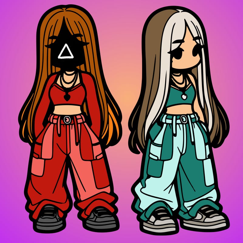 girl in baggy pants crop top and long hair