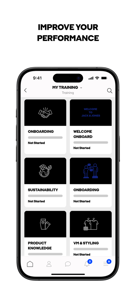 JJ2GO - JJ2GOアプリのインターフェース。オンボーディング、サステナビリティ、スタイリングを含む従業員トレーニングモジュールを表示しています。