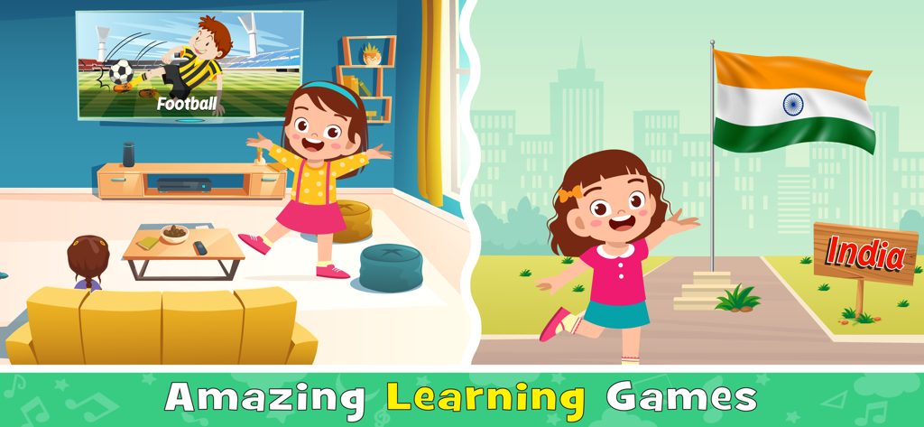 Baby Games: Learning English - Escenas de aplicaciones educativas que muestran a una niña viendo fútbol y a otra niña parada junto a la bandera de la India.