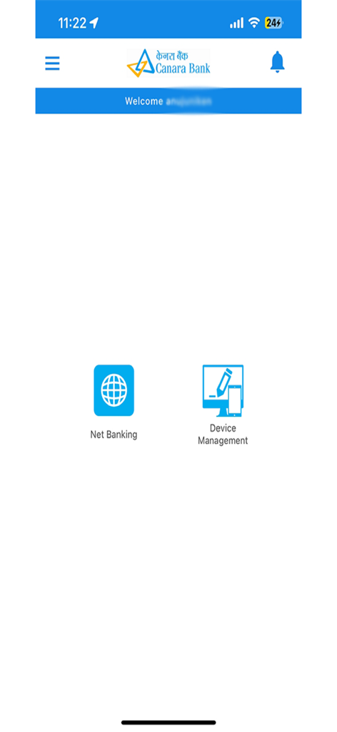 Canara CanDigital - Home screen of the Canara CanDigital app featuring Net Banking and Device Management icons.