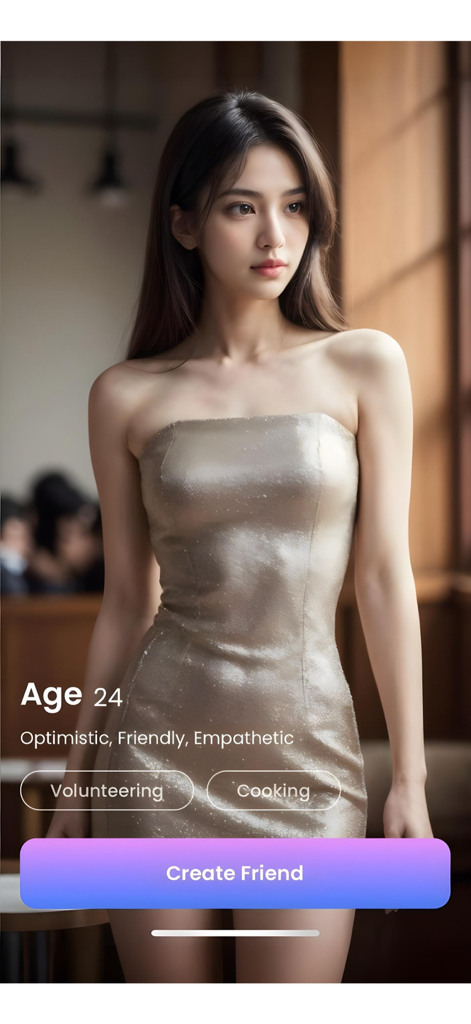 Una pantalla de perfil de una novia virtual de IA que muestra su edad, rasgos de personalidad e intereses con un botón para crear una amiga