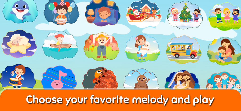 Musical Instruments Learn - Interfaz que muestra varias opciones de canciones infantiles para que los niños elijan y toquen