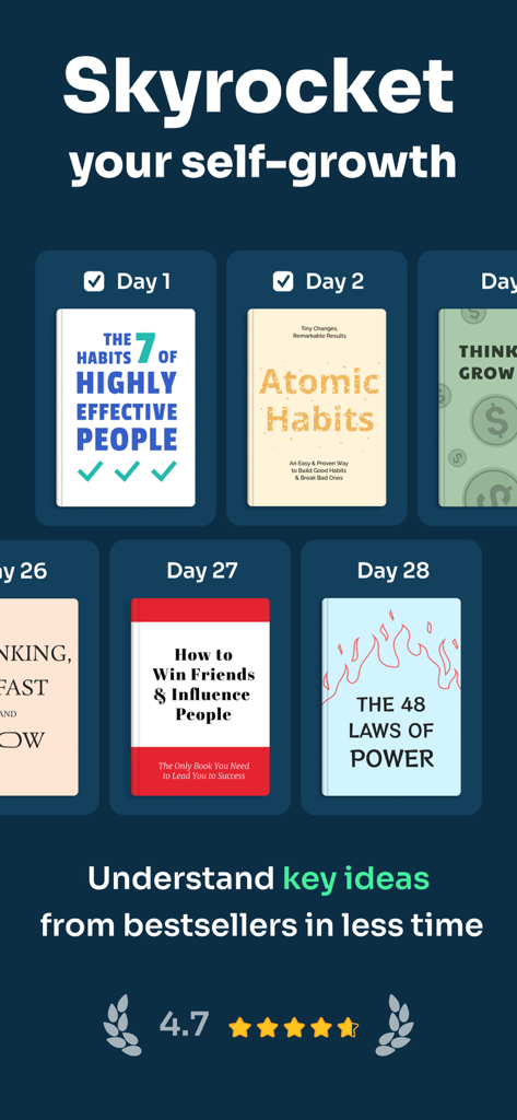 Retell - Key Ideas in 15 Mins - Retell mobile app interface showing summaries of bestselling books like Atomic Habits and The 48 Laws of Power for daily self-growth.