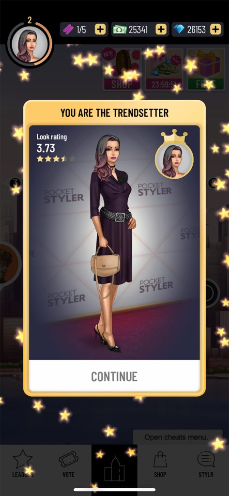 Pocket Styler: Fashion Stars - Un avatar femenino elegante con un vestido morado y un bolso beige en la pantalla Trendsetter de la aplicación Pocket Styler.