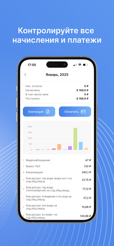 Pantalla móvil que muestra un resumen de facturas de servicios públicos con un gráfico de barras y opciones de pago