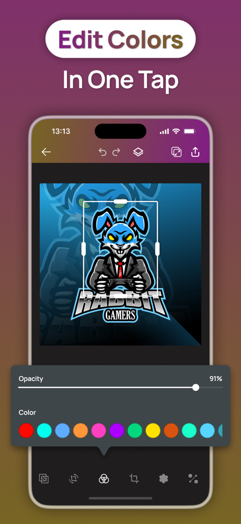 Gaming Logo Maker Esport Logo - A mobile app interface displaying a rabbit gamer mascot logo with options to edit colors and opacity in one tap.