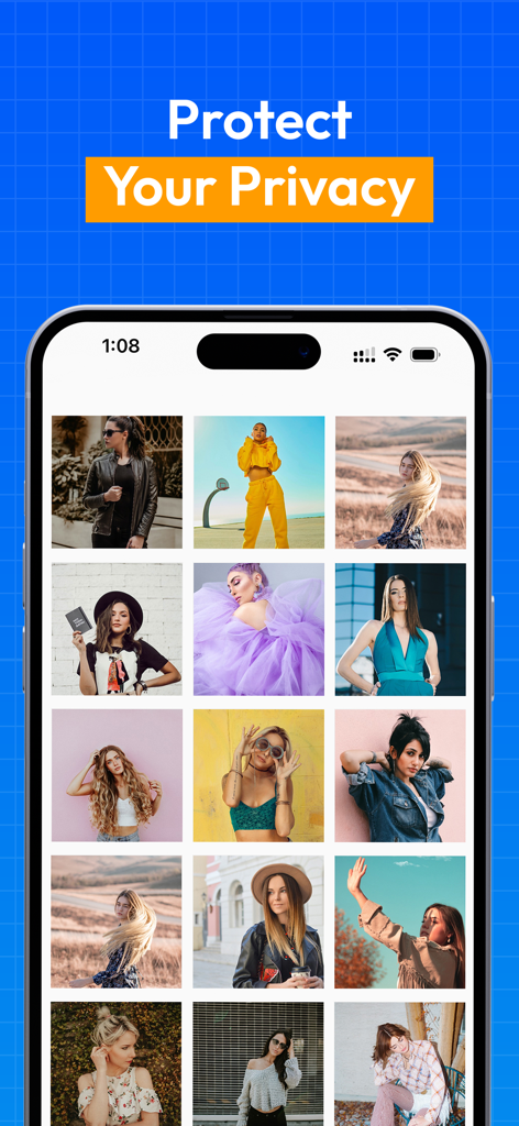 Private photo gallery interface in Calculator Lock app with Protect Your Privacy heading