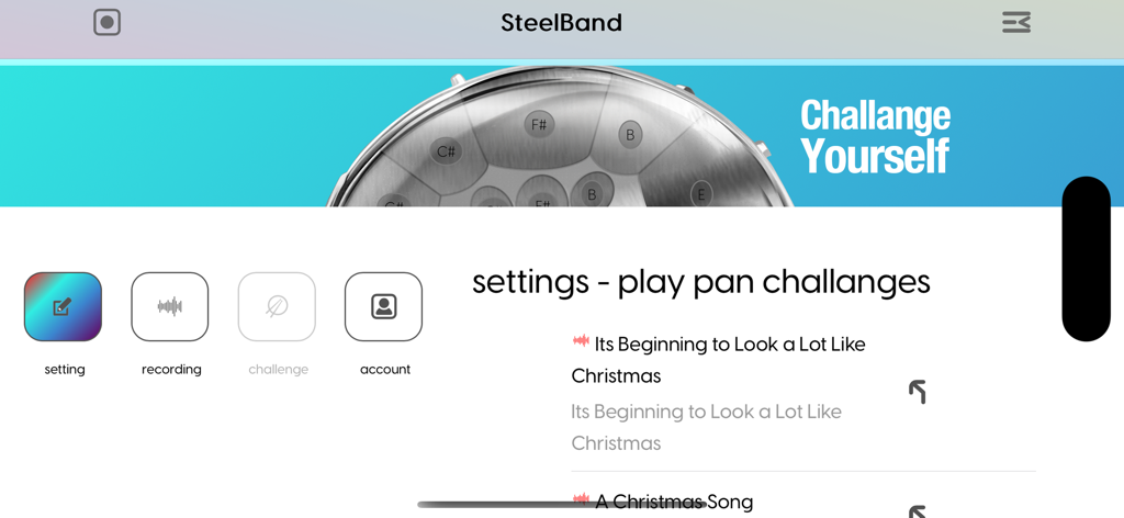 Interface of the Steelband app showing the challenges menu and settings with a list of songs