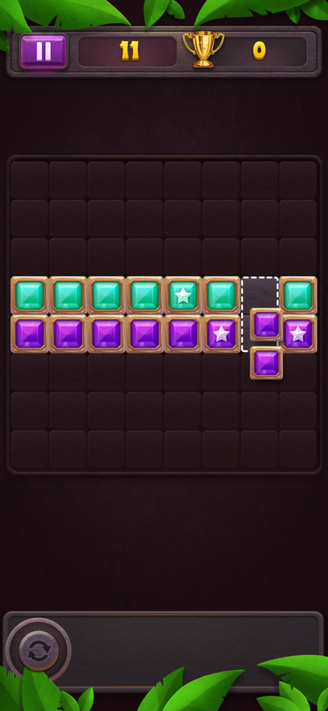 Gameplay screenshot of Block Puzzle Star Gem showing purple and teal gem blocks on a grid