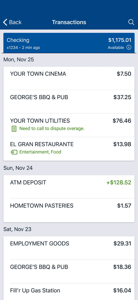 IFB Business Mobile Banking - Schermata della cronologia delle transazioni nell'app di mobile banking IFB che mostra il saldo di un conto corrente e le spese aziendali categorizzate