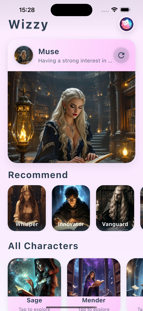 Wizzy - Talk & Explore - Oberfläche der Wizzy-App, die eine Vielzahl von KI-Fantasy-Charakteren in einer Bibliotheksumgebung für interaktives Rollenspiel anzeigt.