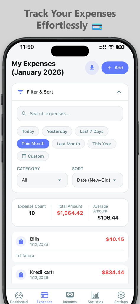 Expense Tracker – Daily Budget - Pantalla de la aplicación móvil Seguimiento de Gastos que muestra un resumen de gastos mensuales con opciones de filtro y ordenación