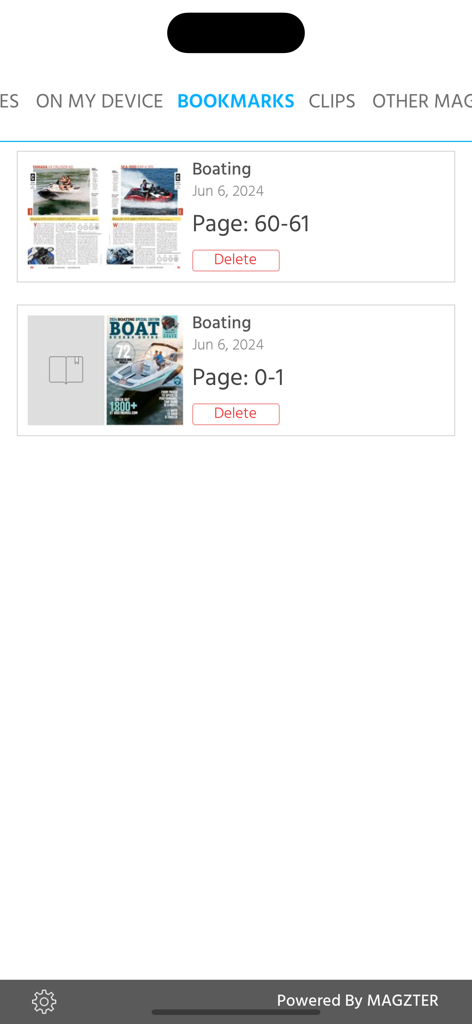 Boating (Magazine) - La pantalla de marcadores en la aplicación de la revista Boating mostrando una lista de páginas guardadas del número de junio de 2024.