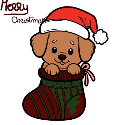 cute puppy wearing santa hat in socking