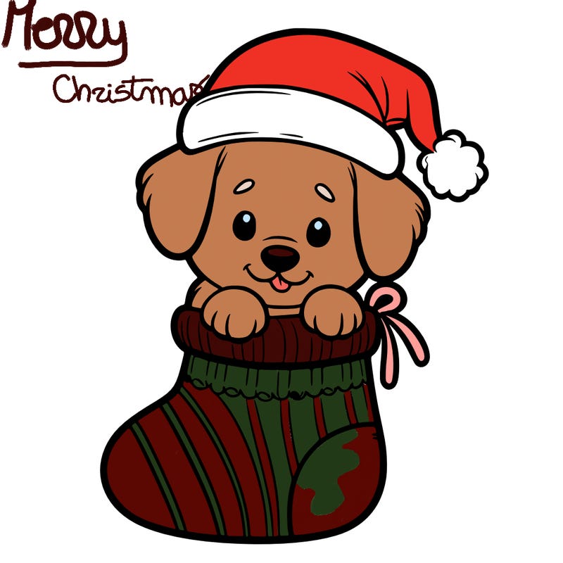 cute puppy wearing santa hat in socking