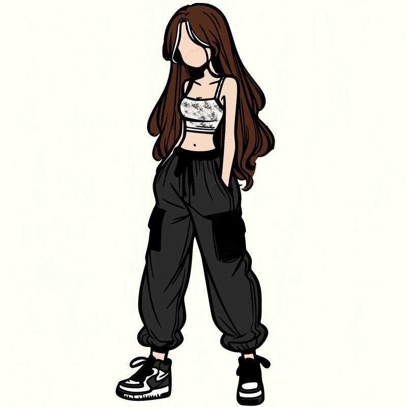 girl in baggy pants crop top and long hair