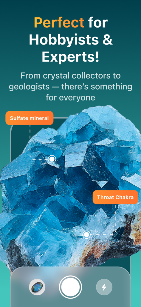 RockLens - Stone & Gemstone ID - Screenshot of RockLens app identifying a blue crystal with scientific and spiritual labels for hobbyists and experts.