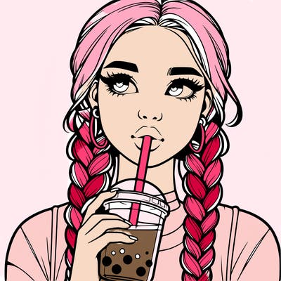 realistic girl with braided hair drinking boba