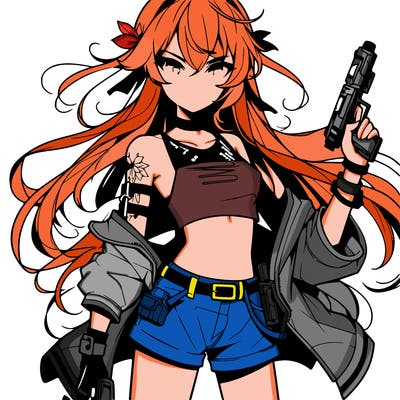bad girl wearing crop top holding a gun long hair anime