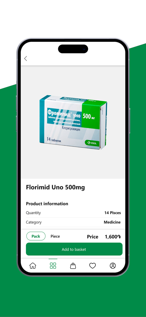 A product details page in the Natali Pharm mobile app for Florimid Uno medicine showing price and add to basket button.