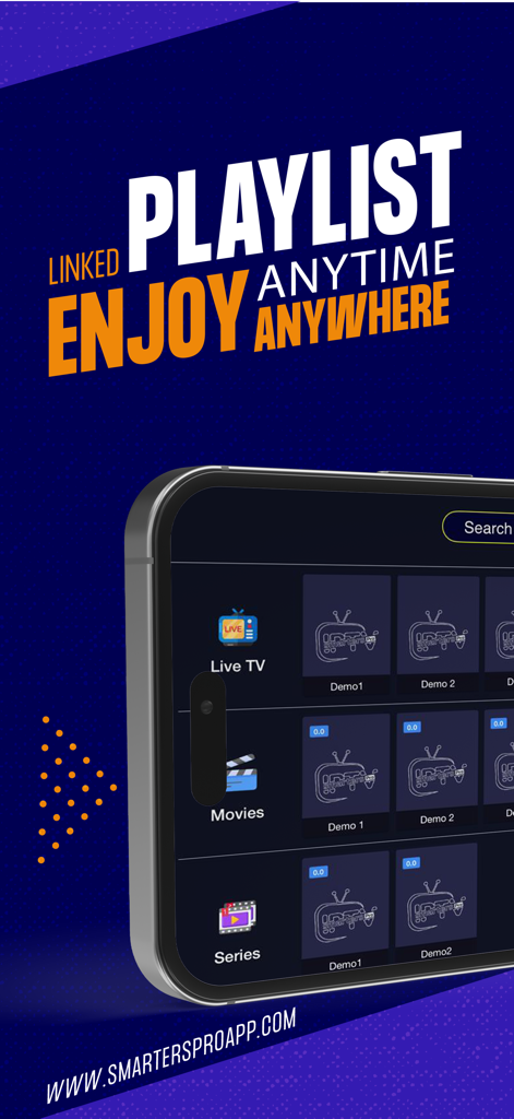 Smarters IPTV Pro - Interface de l'application Smarters IPTV Pro sur un smartphone affichant les catégories TV en direct, Films et Séries
