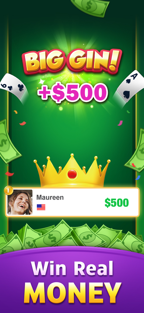 Gin Rummy: Win Real Money - A screenshot of Gin Rummy mobile game showing a big gin win of 500 dollars with a crown and cash rewards.
