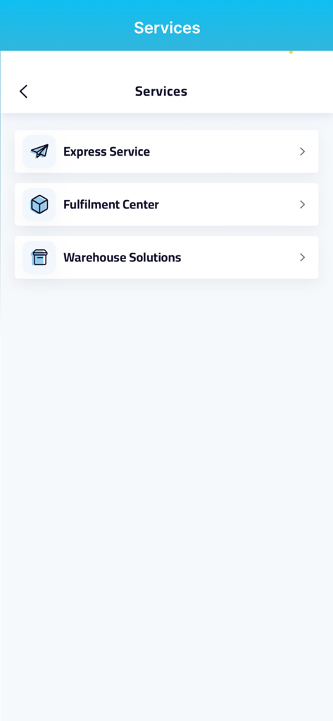 ASYAD Express - ASYAD Express mobile app screen displaying options for express service fulfillment center and warehouse solutions