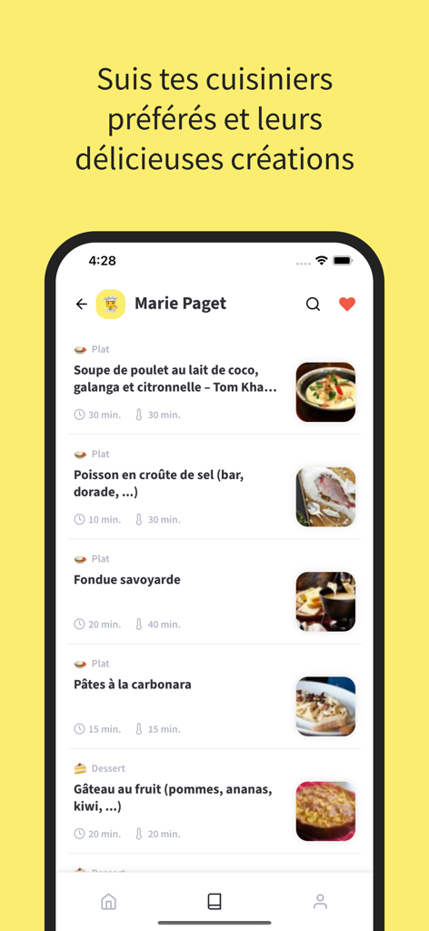 Miam : Livre de recettes - Mobile screen showing a chef profile named Marie Paget with a list of her recipes including coconut chicken soup and salt-crusted fish.