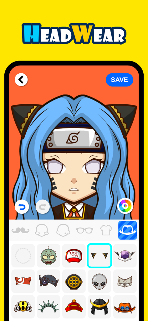SuperMe-Avatar Maker Creator - Pantalla de personalización de personajes de anime con varios accesorios para la cabeza.