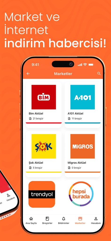 Aktüel Ürünler Market Katalog - Mobile app interface displaying a selection of Turkish supermarkets and online retailers for weekly discount catalogs.