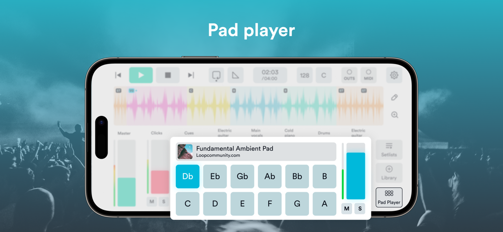 Prime MultiTrack App - Prime MultiTrack app pad player interface showing ambient pad key selections on an iPhone