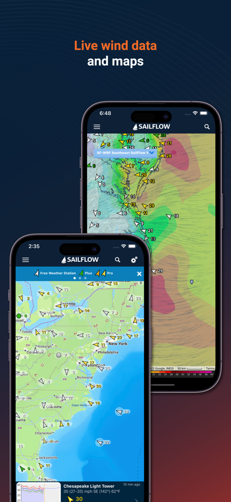 SailFlow: Marine Forecasts - Aplicación SailFlow en smartphones mostrando datos y mapas de viento marino en vivo.