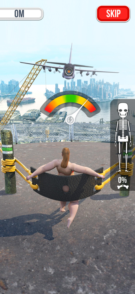 Falling Art Ragdoll Simulator - Gameplay of Falling Art Ragdoll Simulator showing a character being launched from a giant slingshot towards a target airplane in a city harbor.