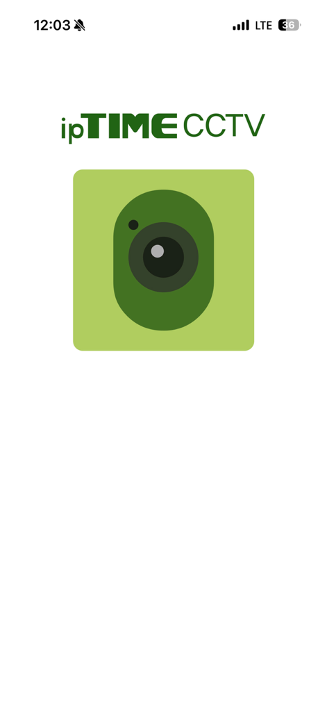 ipTIME CCTV - Pantalla de inicio de la aplicación ipTIME CCTV con el logo y un icono de cámara verde
