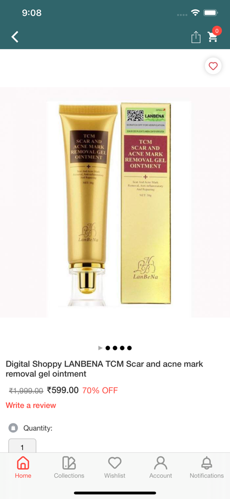 Digital Shoppy - Página de producto del gel eliminador de cicatrices y acné Lanbena en la aplicación Digital Shoppy